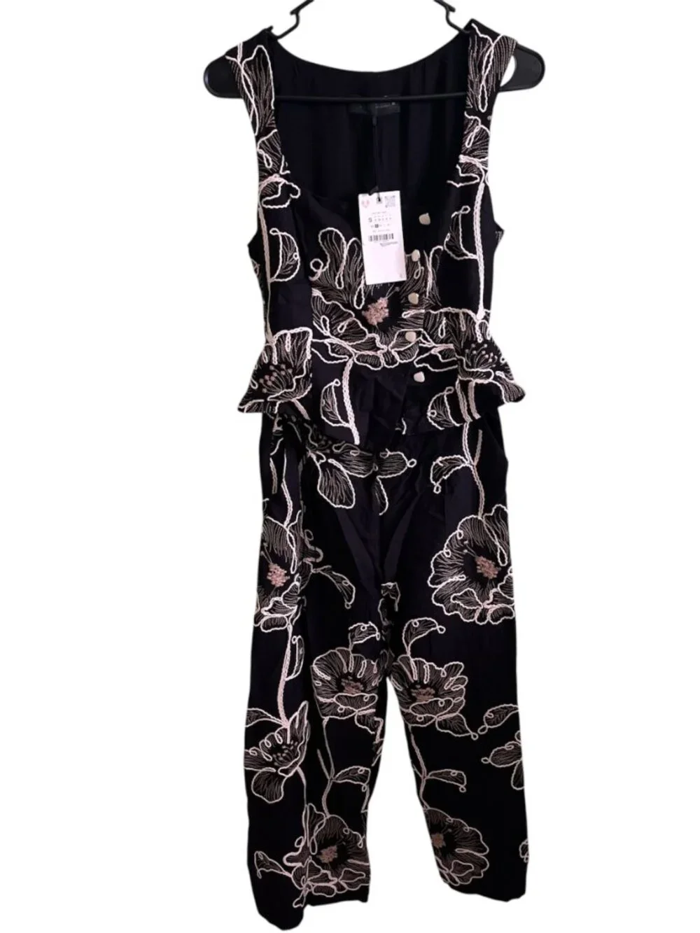 Zara Floral Embroidered Jumpsuit Black Ecru Wide Leg Linen Blend Small Summer